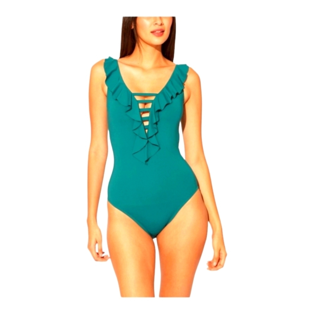 BLEU Women's Teal Stretch Ruffled Adjustable Deep V Neck Moderate Cover Size 6
